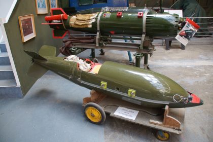 1000 lb bomb retarding tail, Boscombe Down Aviation Collection, Old Sarum UK