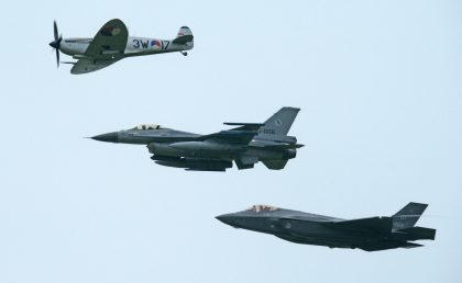 Spitfire in formation with F-16A and F-35A of the Royal Netherlands Air Force