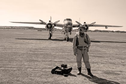 USAAF pilot in front of North American B-25J Mitchell, Flying Legends Duxford