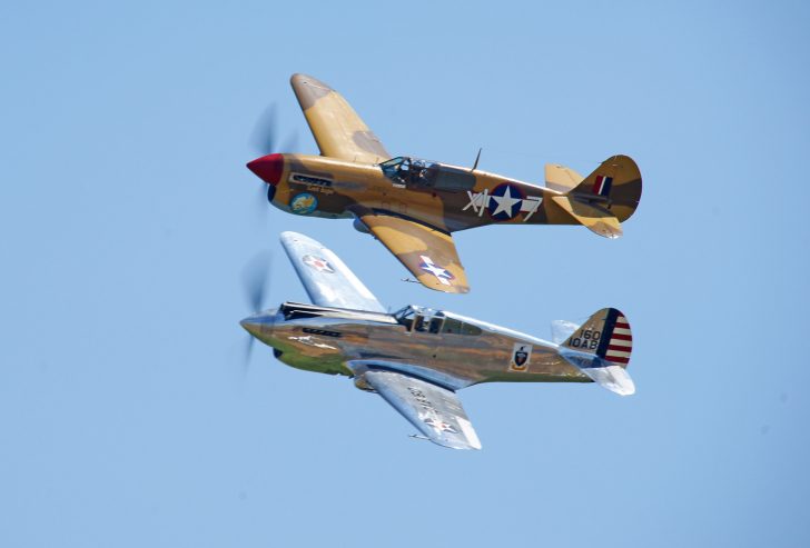 Curtiss-Wright P.40C Warhawk (G-CIIO) 160/10AB Army Air Corps Technical School, The Fighter Collection and Curtiss-Wright P-40F Warhawk (G-CGZP) 41-19841/X-17 USAAF, The Fighter Collection, Flying Legends Duxford