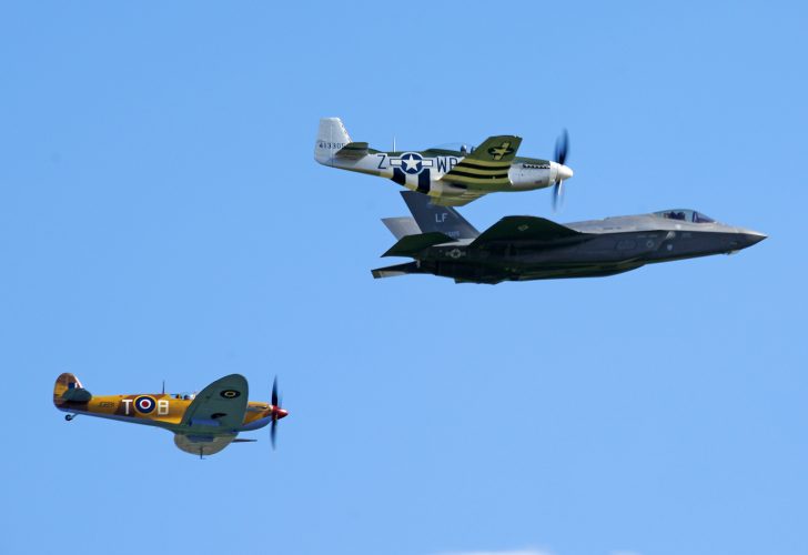 Heritage Flight: Lockheed Martin F-35A Lightning II 15-5125/LF 63rd FS USAF & North American P-51D Mustang 44-13305/WR-Z USAAF, Supermarine Spitfire MkVc JG891/T-B RAF, Flying Legends Duxford