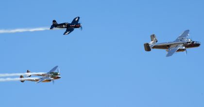 North American B-25J Mitchell N6123C, Lockheed P-38L Lightning N25Y, Chance Vought F4U-4 Corsair (OE-EAS) RB-37 US Navy, Flying Bulls, Flying Legends Duxford