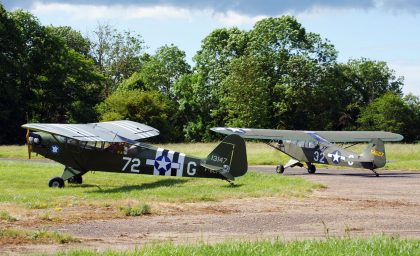 Piper J3C-65 Cub F-BCPK/13147/72-G USAAF and Piper J3C-65 Cub OY-ECS/54627/32-C USAAF, L-birds back to Normandy, Saint-Andre-de-L’Eure, France