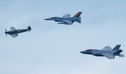 Formation Supermarine Spitfire Mk.IXc TB885/3W-V General Dynamics (Fokker) F-16AM Fighting Falcon J-642 and Lockheed Martin F-35A Lightning II F-008 Royal Netherlands Air Force, Luchtmachtdagen 2019 Volkel