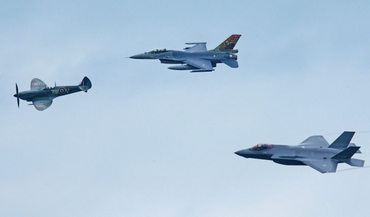 Formation Supermarine Spitfire LF.XVIe TB885/3W-V General Dynamics (Fokker) F-16AM Fighting Falcon J-642 and Lockheed Martin F-35A Lightning II F-008 Royal Netherlands Air Force, Luchtmachtdagen 2019 Volkel