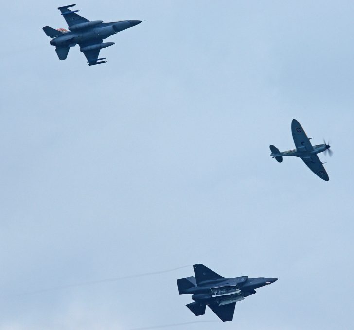 Formation Supermarine Spitfire LF.XVIe TB885 3W-V General Dynamics (Fokker) F-16AM Fighting Falcon J-642 and Lockheed Martin F-35A Lightning II F-008 Royal Netherlands Air Force, Luchtmachtdagen 2019 Volkel